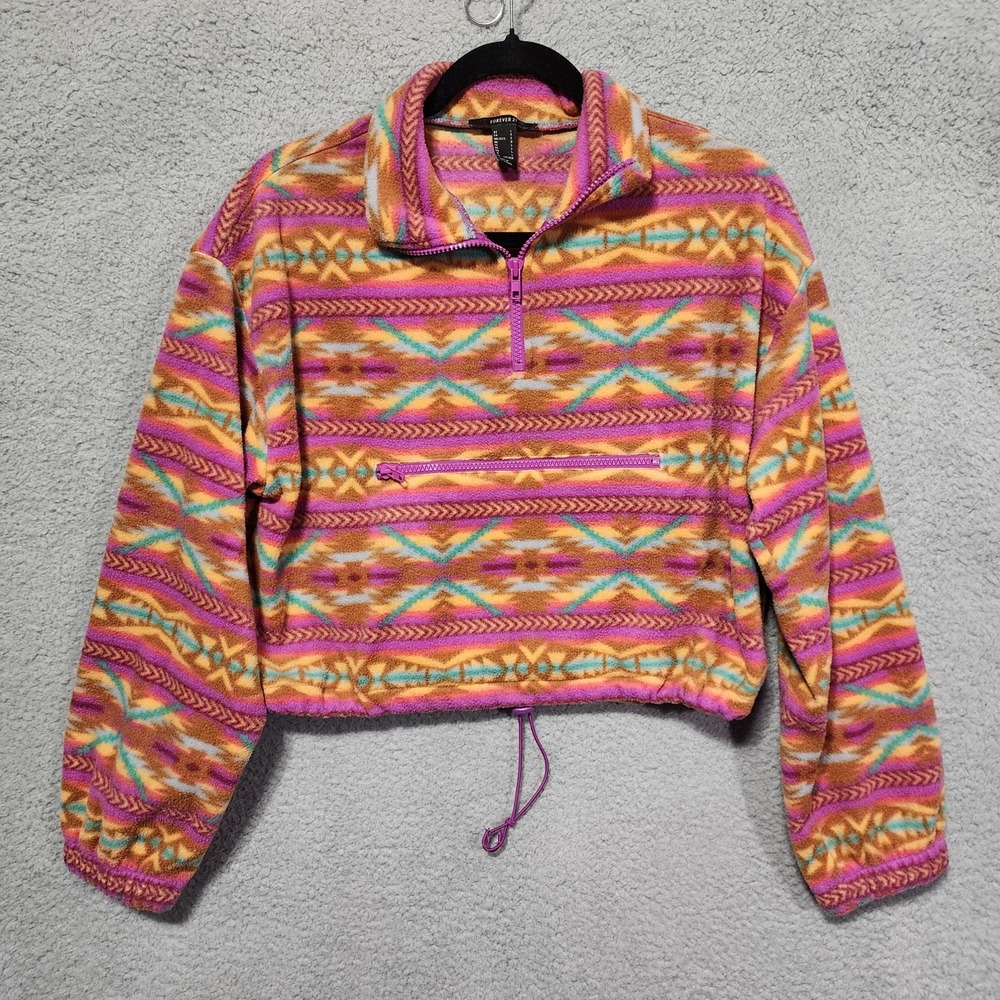 Forever 21 Womens Pink Aztec‎ 1/4 Zip Crop Fleece Jacket Size Large